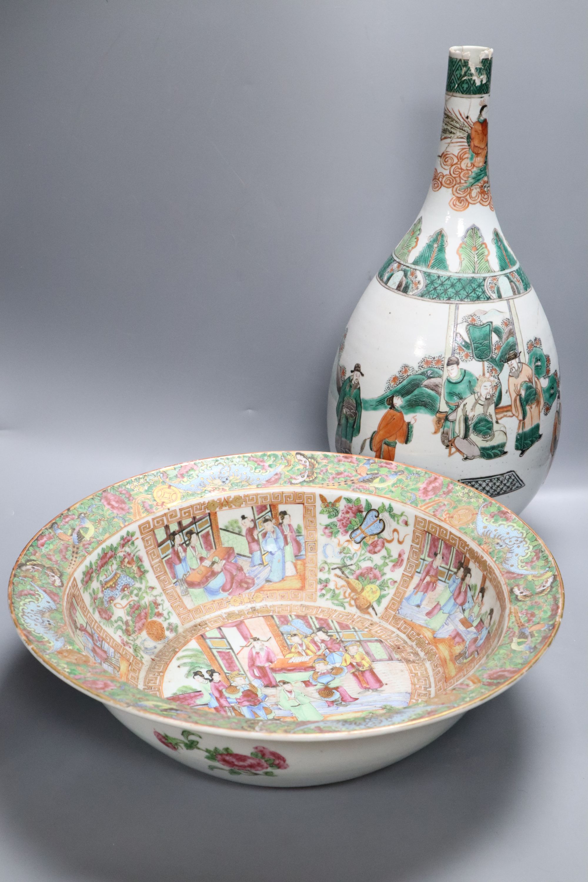 A 19th century Chinese famille rose basin and famille verte bottle vase, tallest 47cm, damage